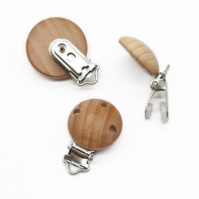 New Arrival Beech Wooden Round Holder Clip Stainless Steel Wooden Baby Pacifier Clips